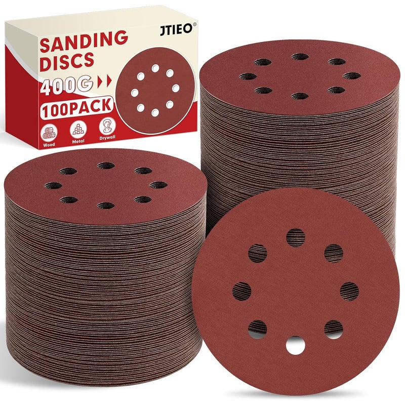JTIEO 100PCS Sanding Discs 5 Inch, 400 Grit Orbital Sander Pads, Hook & Loop Sandpaper Pads, 8 Hole Round Sanding Discs for Random Orbital Sanders - Image 1